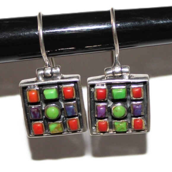 Sterling Silver Geometric Multi Colored Resin Earrings - Picture 2 of 5